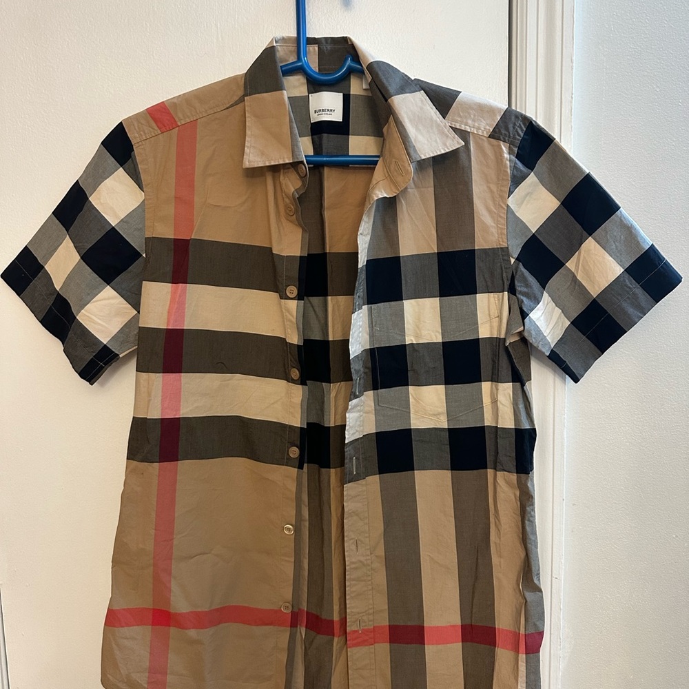 Burberry Men's Plaid Shirt - Tan, Black, and Red